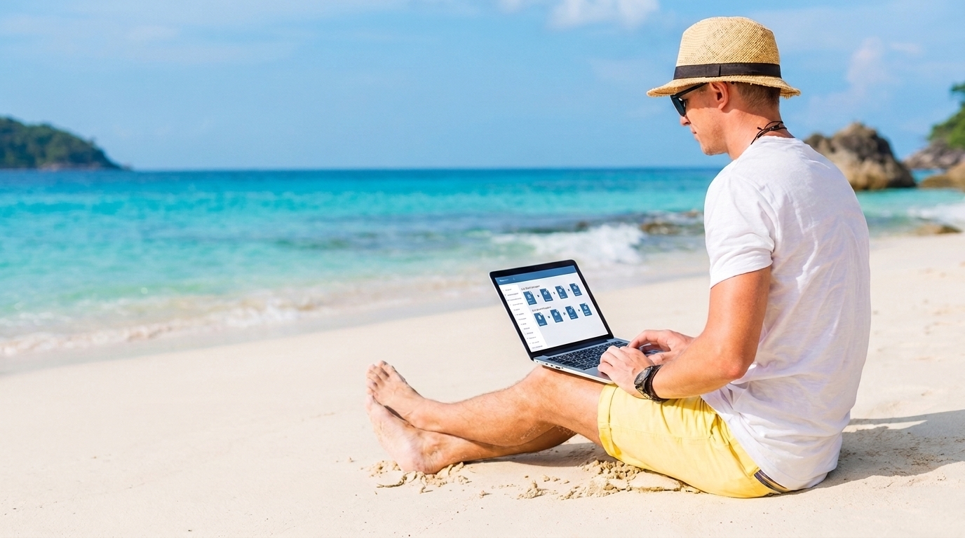 Pengguna memantau kegiatan perusahaan lewat MasSoft Online dari laptop sambil bersantai di pantai